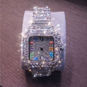 Iced Out Square Face Watch Silver Diamonds